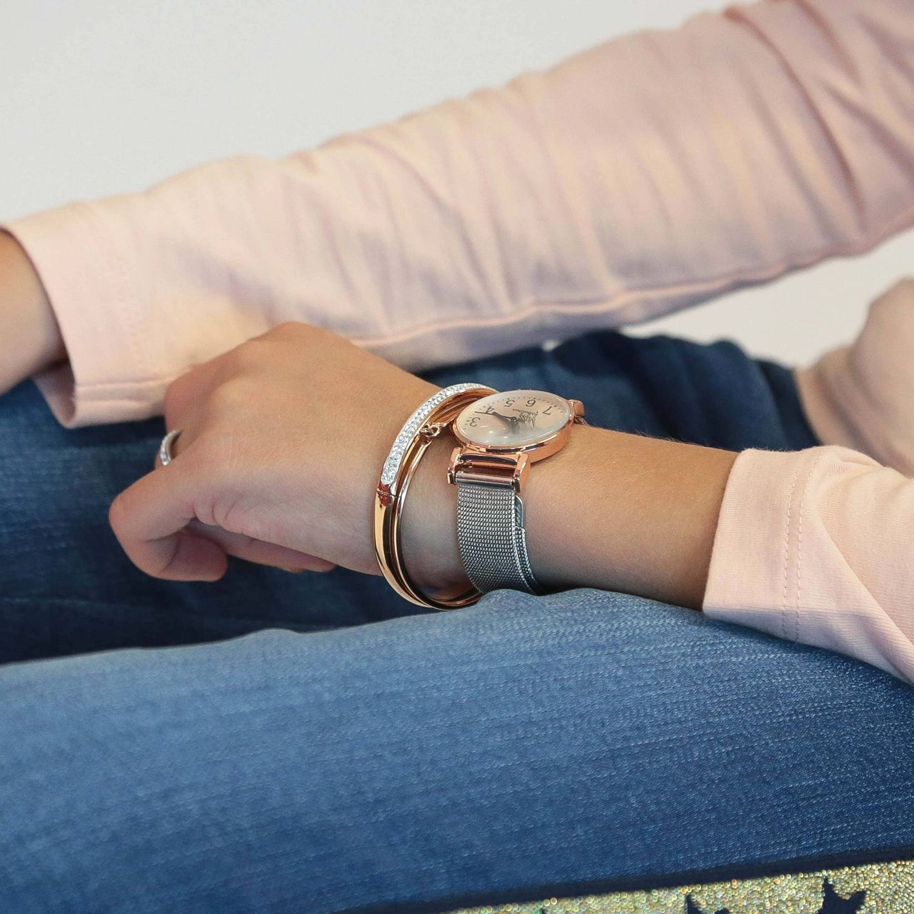 Gerecycleerd stainless steel kinderarmband roseplated wit kristal