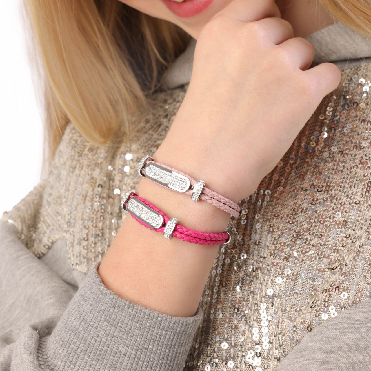 Gerecycleerd stainless steel kinderplaatarmband leer roze met kristal
