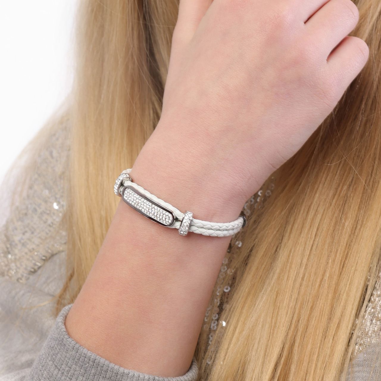 Gerecycled stainless steel kinderplaatarmband leer wit met kristal