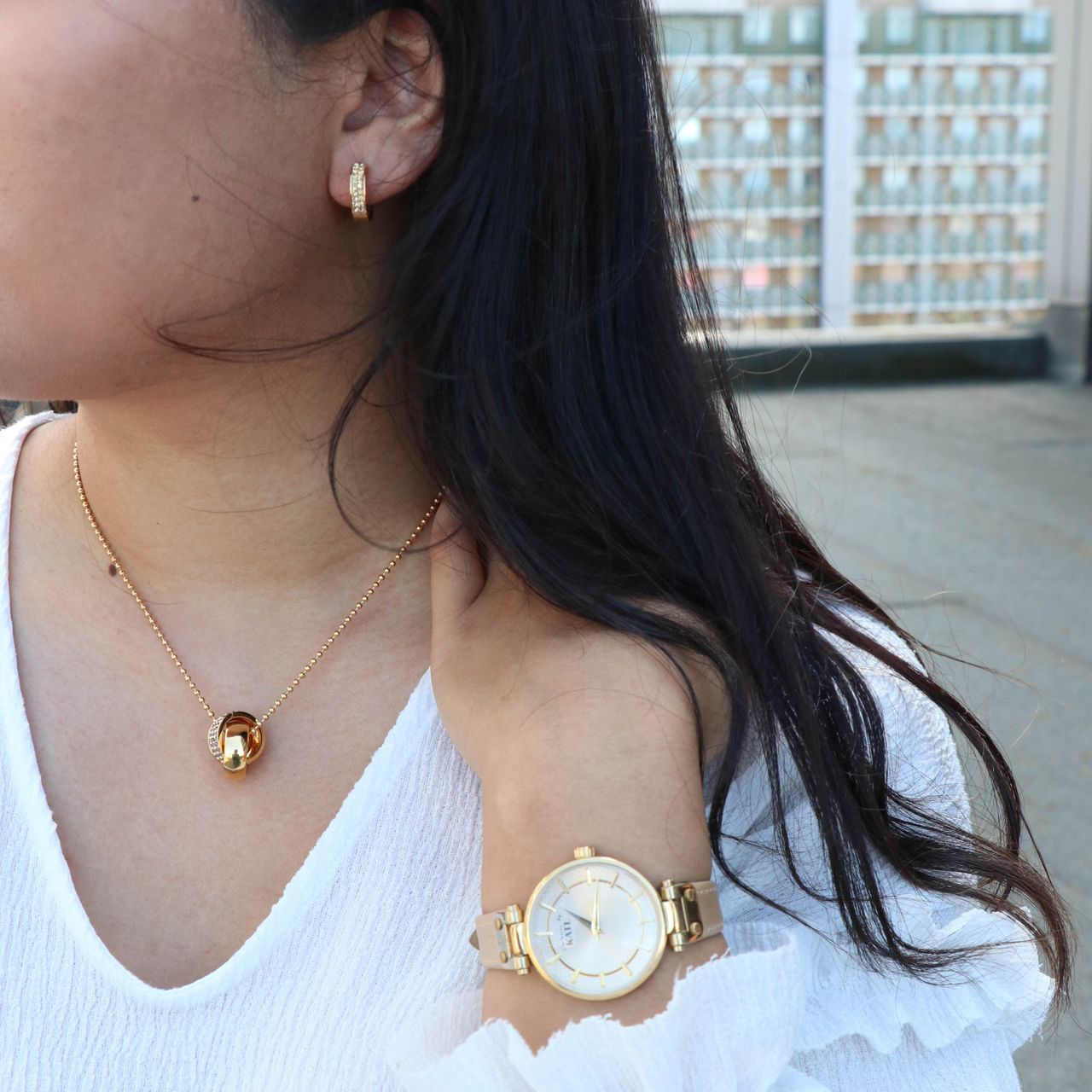 Stalen goldplated sets met horloge met rood kristal voor dames
