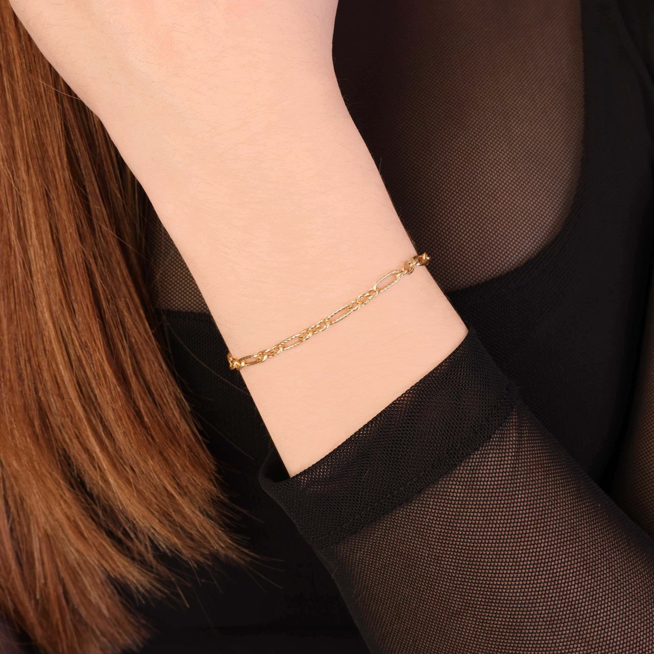 375 Gold Armband mit Figaro-Gliedern und Diamantschliff