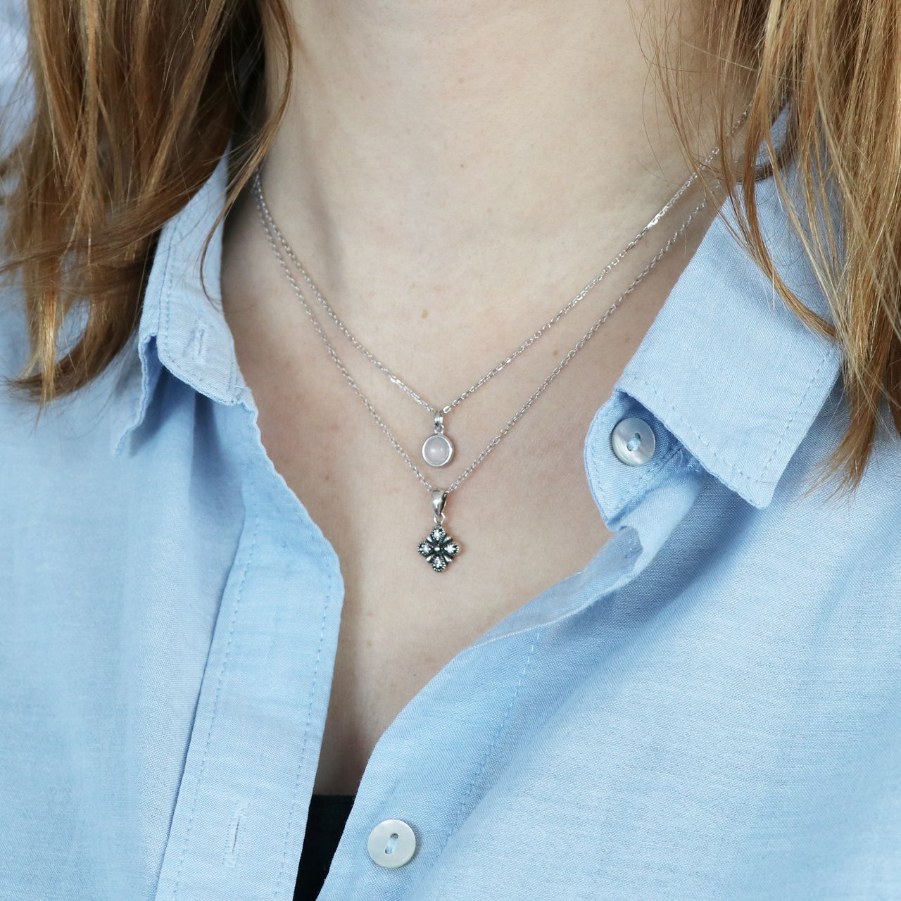 Zilveren ketting&hanger vierkant Bali met kristal