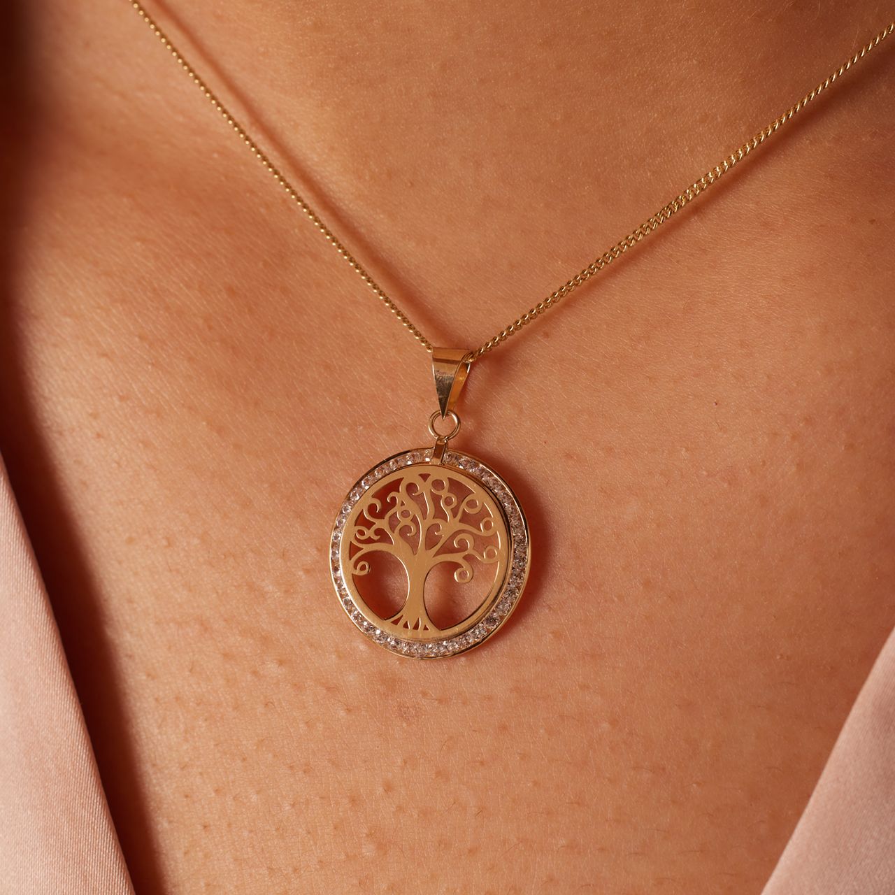 14 Karaat geelgouden hanger family tree zirkonia
