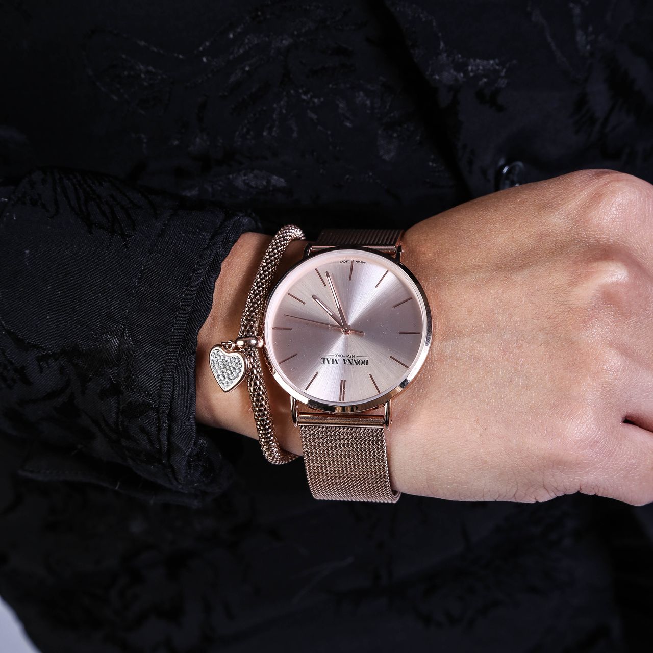 Stainless steel roséplated cadeauset met horloge met kristal voor dames