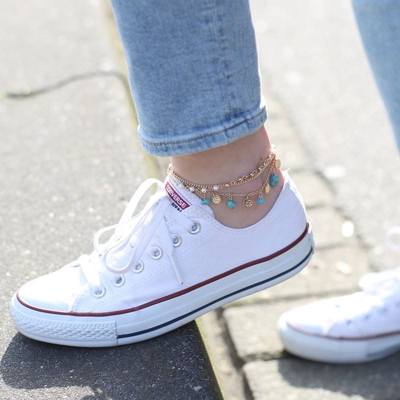 Byoux goudkleurige enkelband turquoise