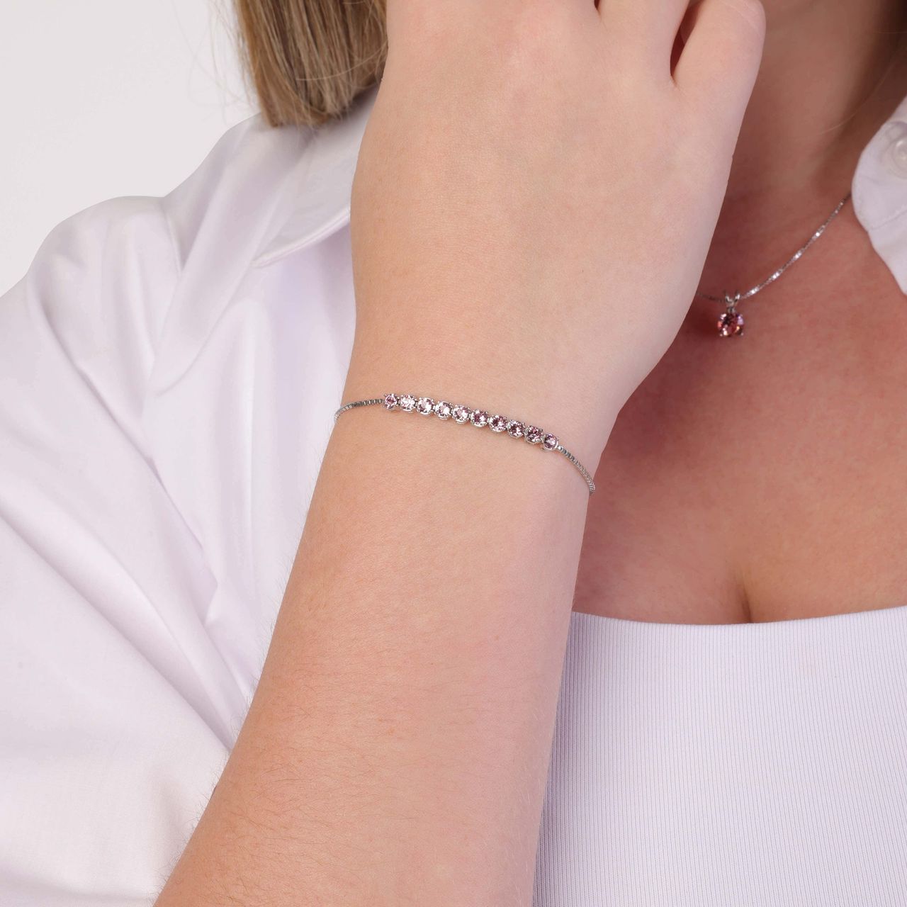Zilveren tennisarmband kristal light rose