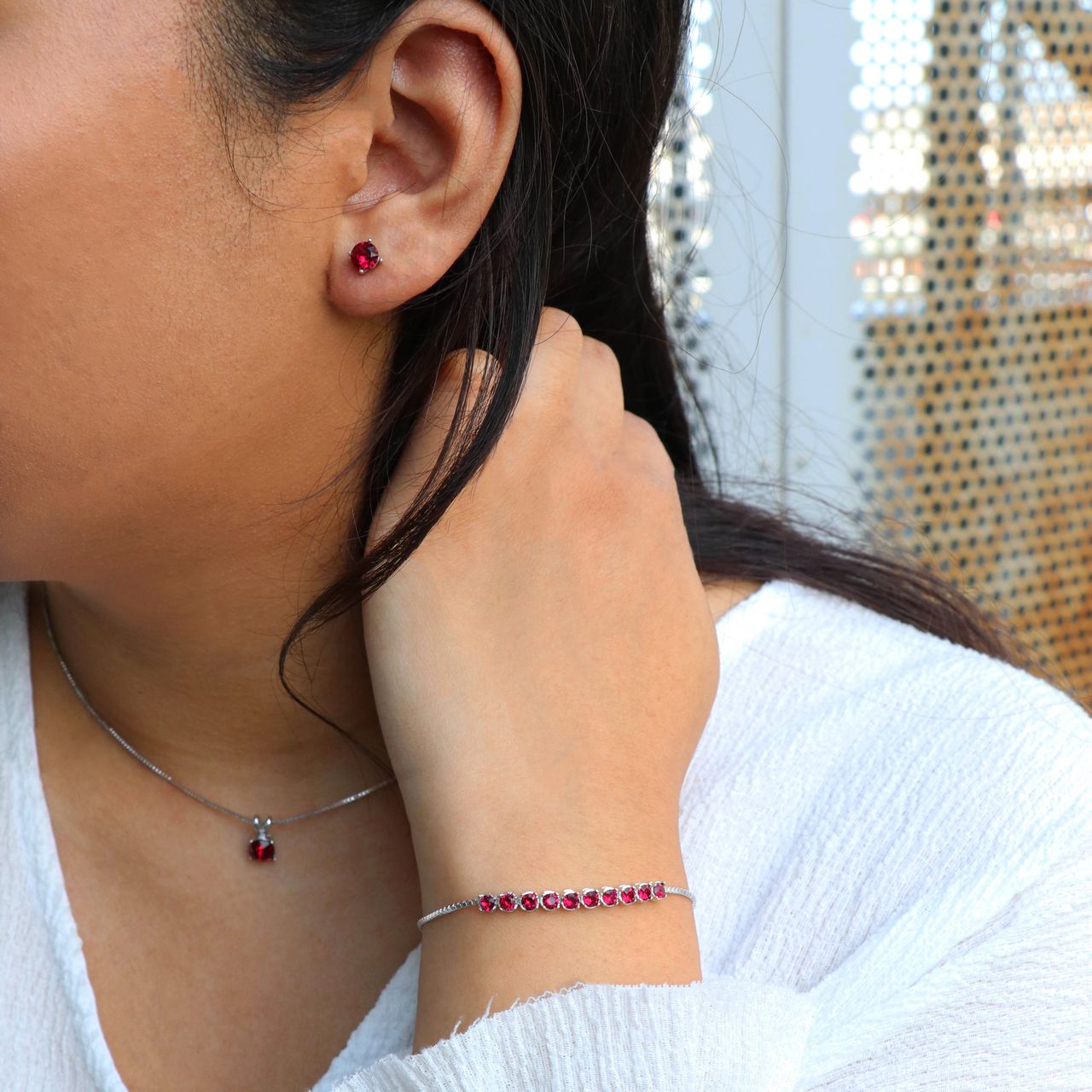 Zilveren set kristal ruby