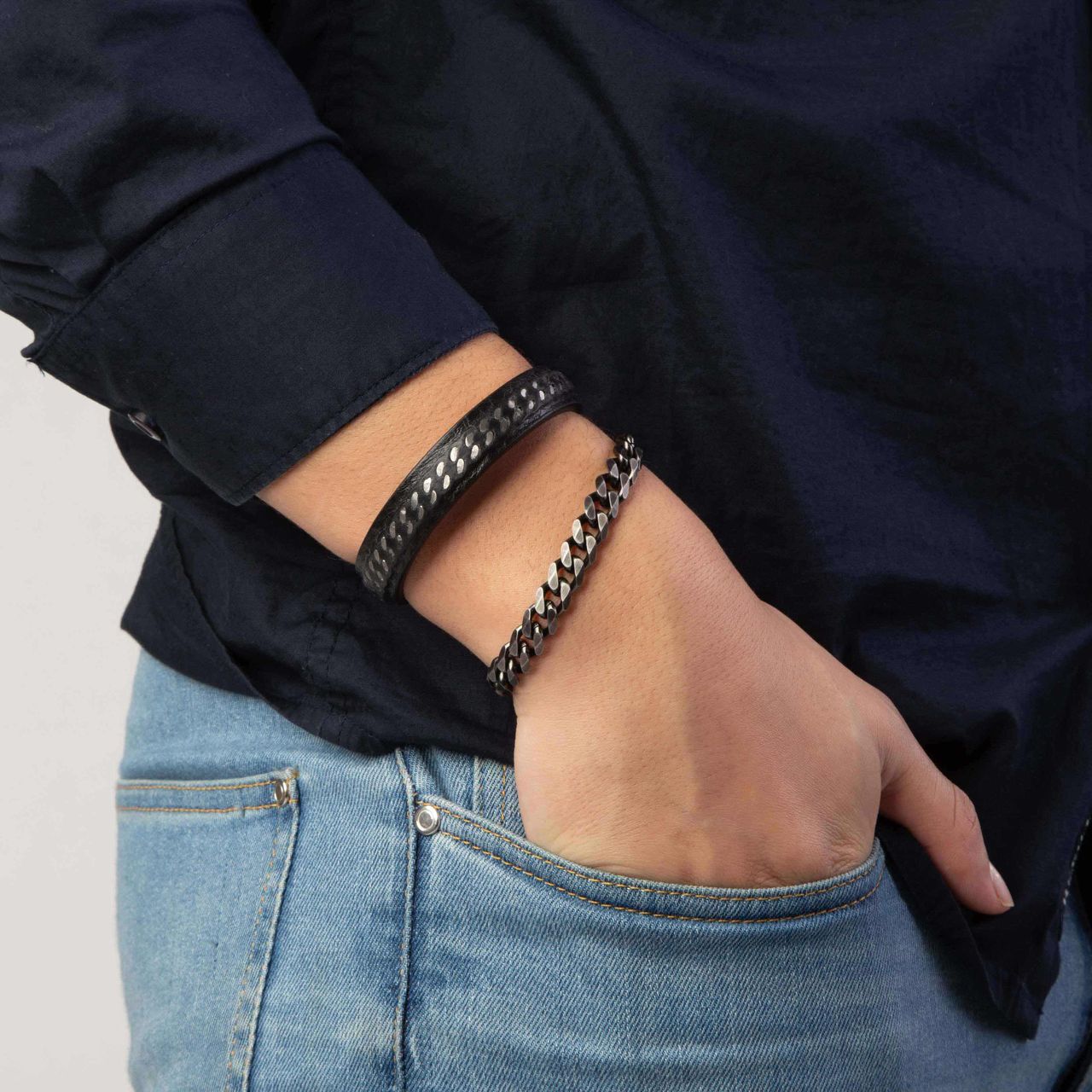 Zwart leren armband met gerecycled stalen armband gourmet