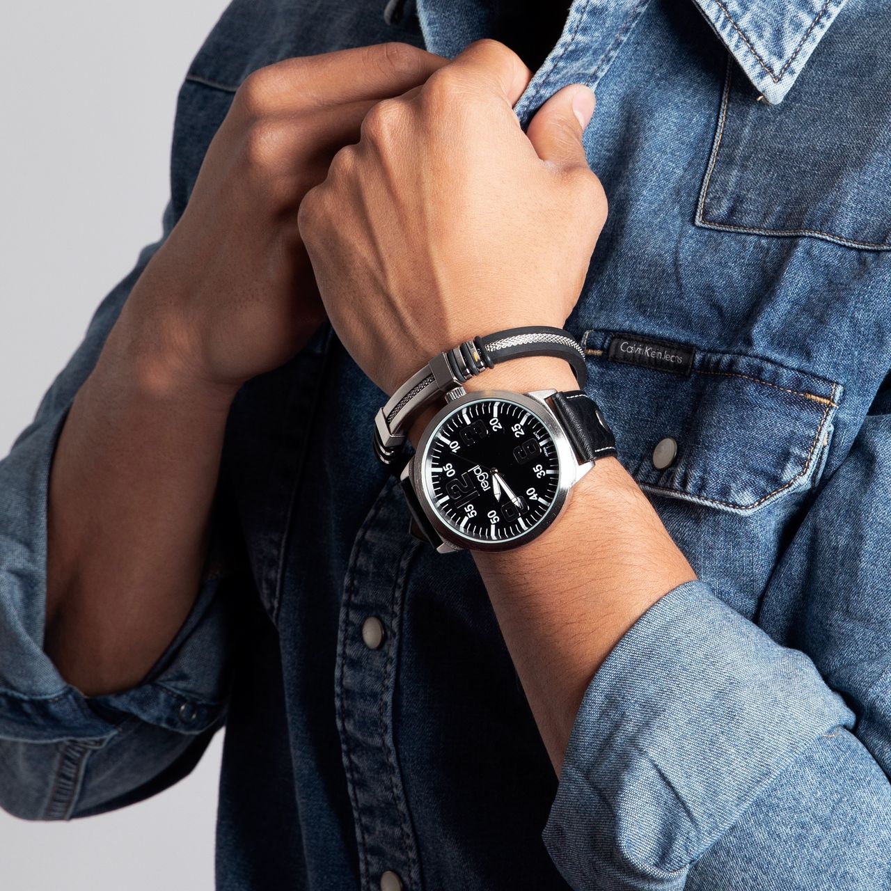 Gerecycled stalen set armband rubber & regal horloge
