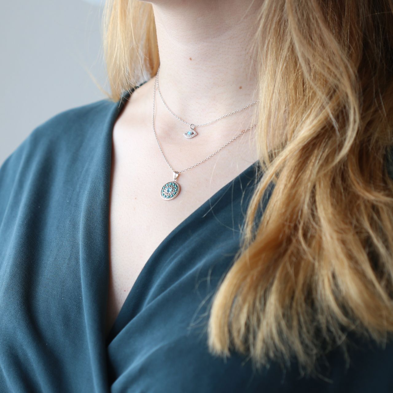 Zilveren ketting&hanger turquoise kristal Bali
