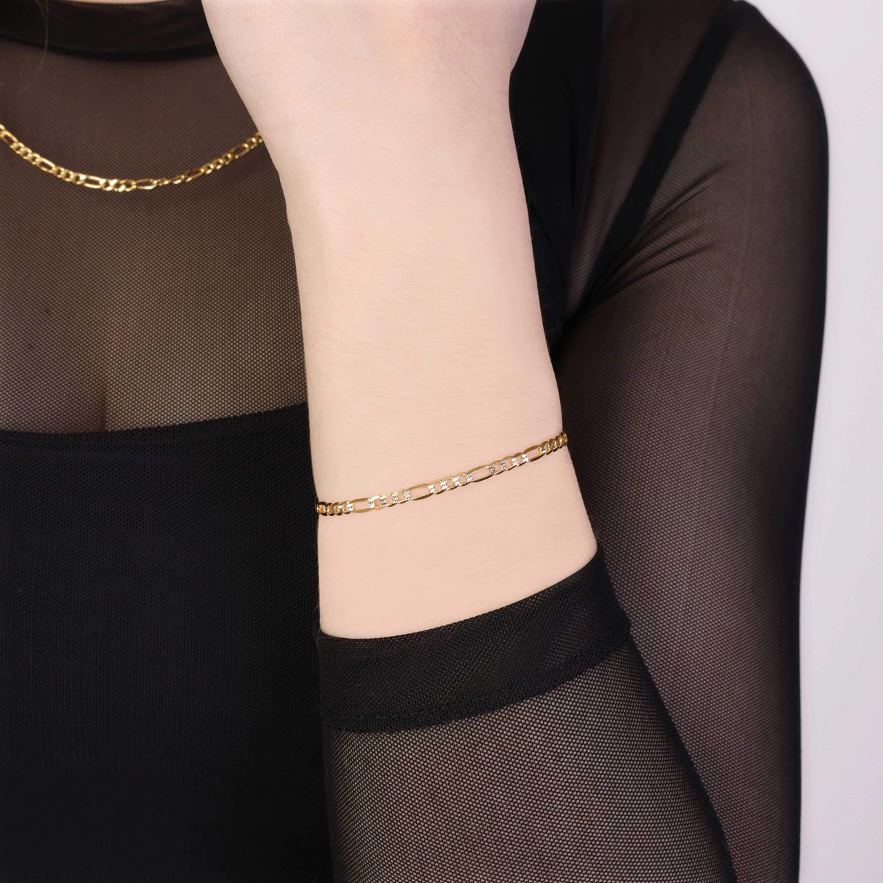 375 Gold Armband mit Figaro-Gliedern und Diamantschliff