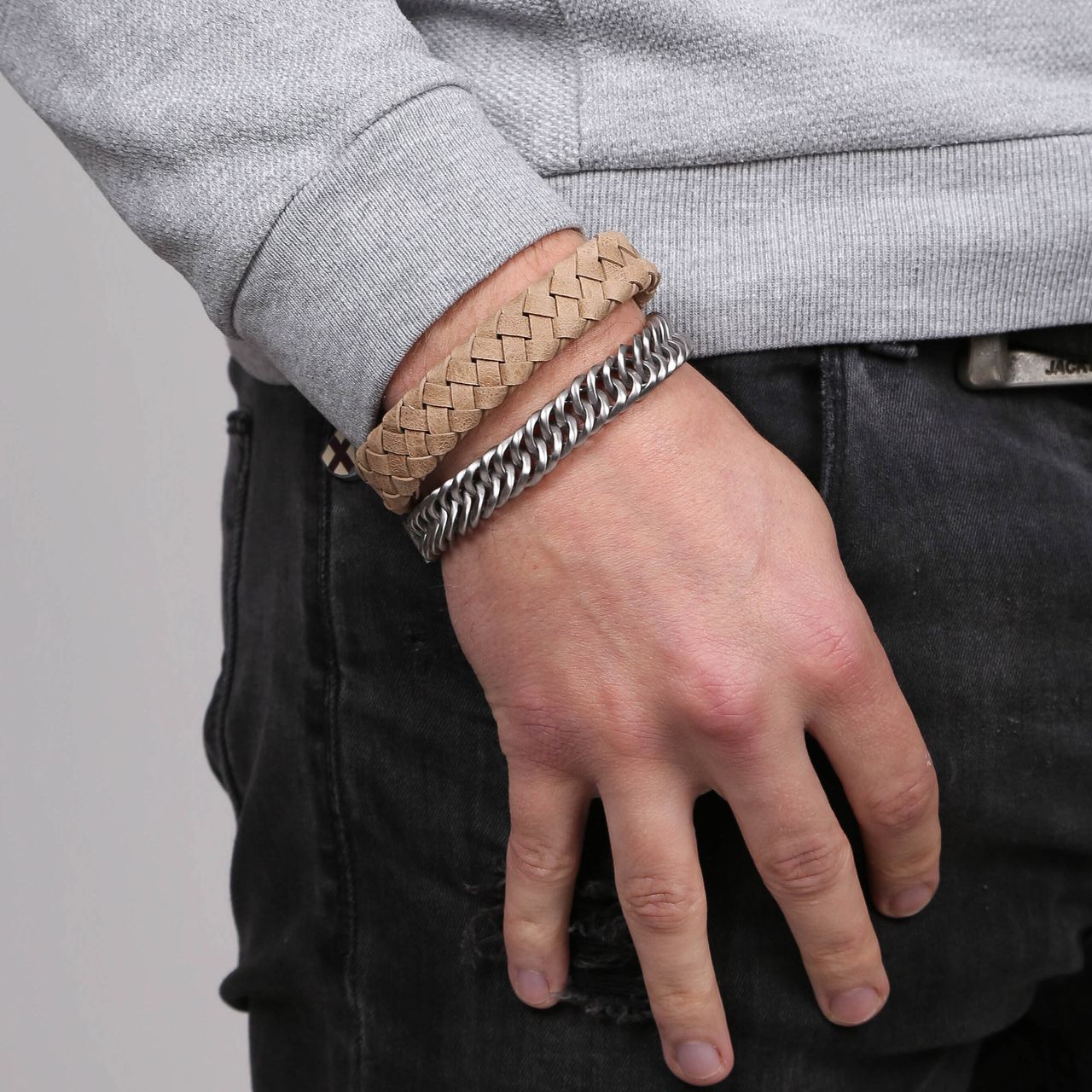 Stainless steel set met beige leer