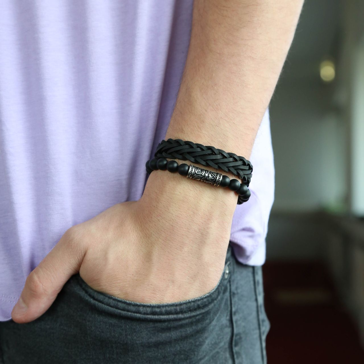 Stainless steel set met zwart leer&agate