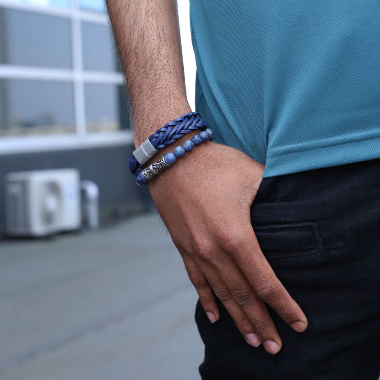 Stainless steel set met licht blauw leer&dumortierite