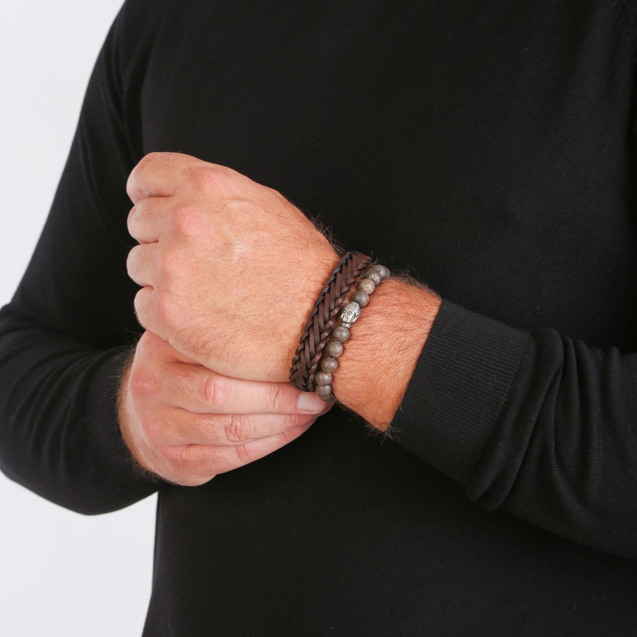 Stalen set met bruin leer&bronzonite