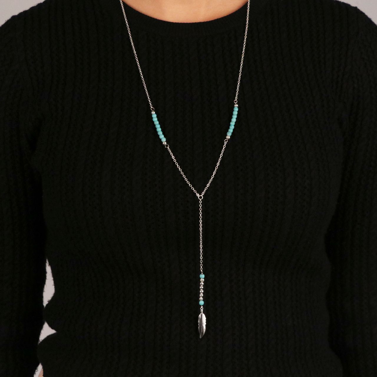 Zilverkleurige byoux ketting blauw met veer