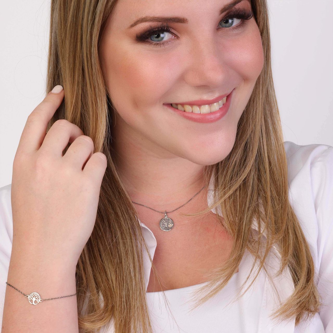 Zilveren set ketting&armband levensboom