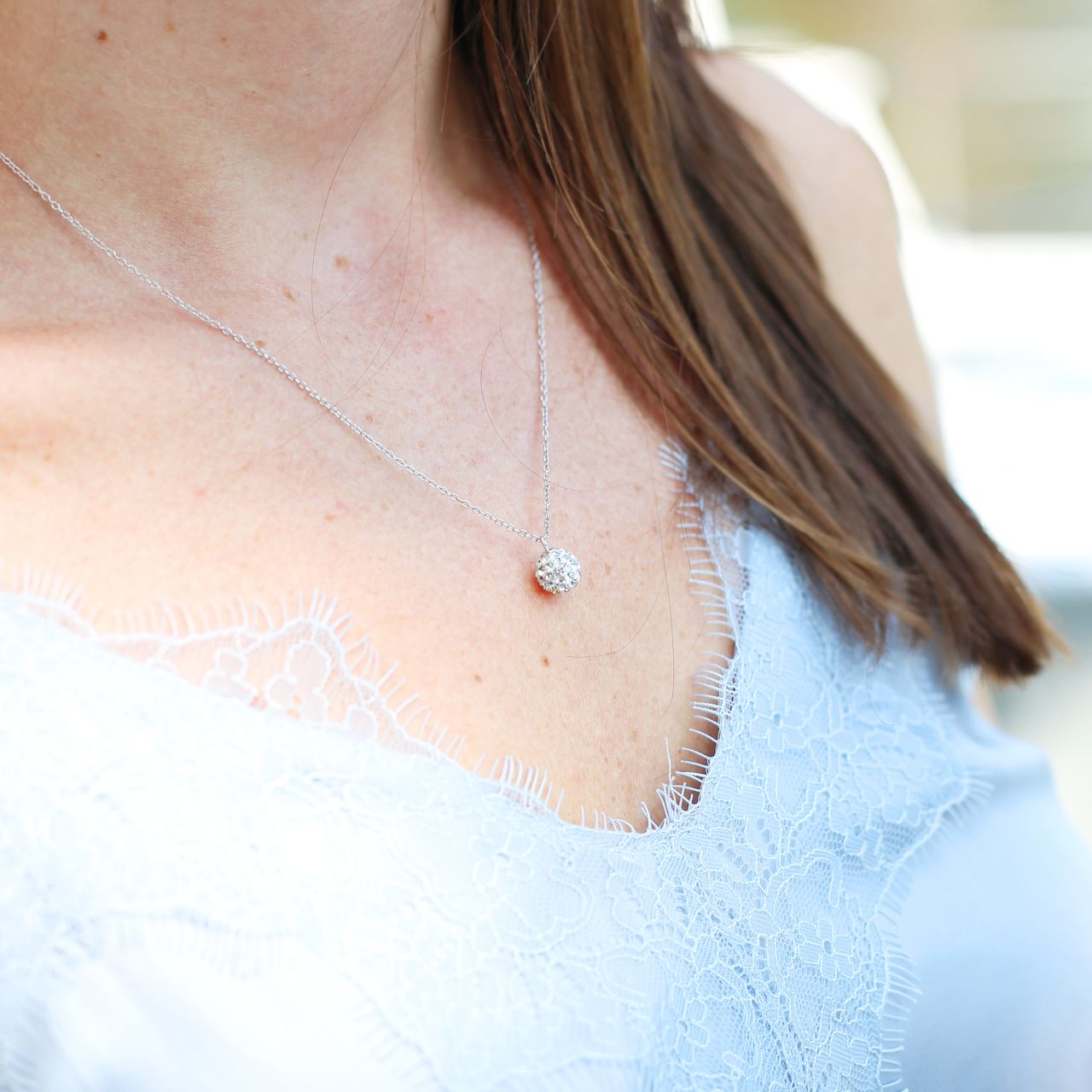 Zilveren ketting&hanger bal kristal 
