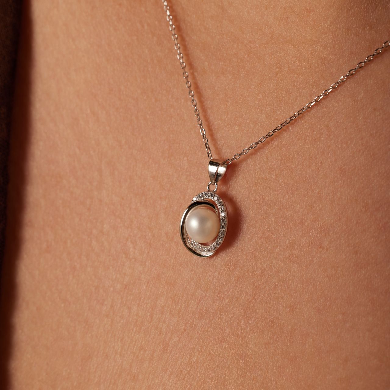 Zilveren ketting&hanger zoetwaterparel zirkonia voor dames
