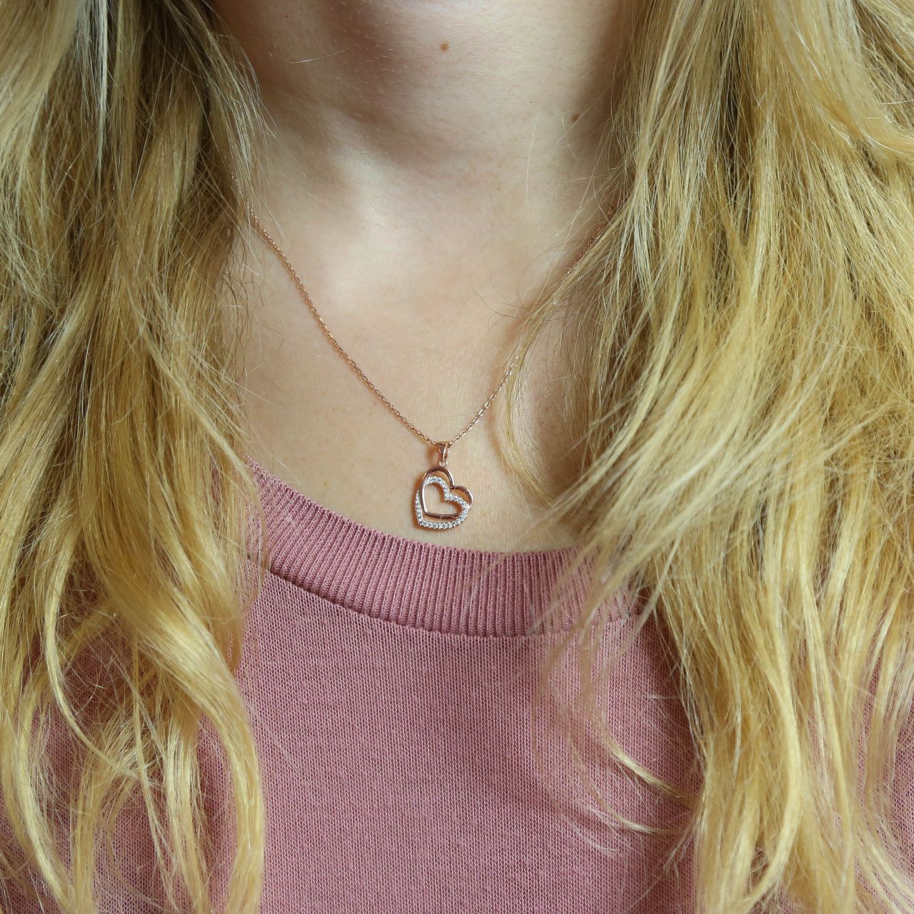 Zilveren ketting&hanger rose 2harten zirkonia