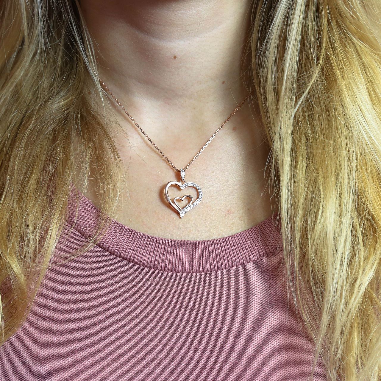 Zilveren ketting&hanger rose 2harten zirkonia