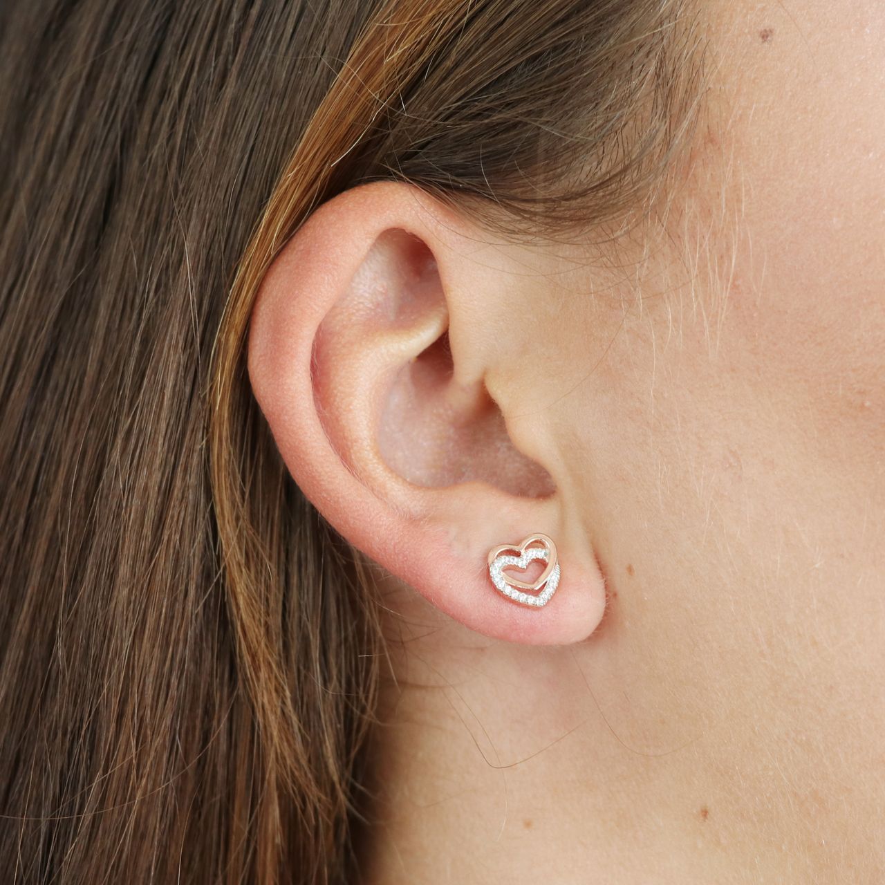 Zilveren roséplated oorknoppen hart met zirkonia voor dames