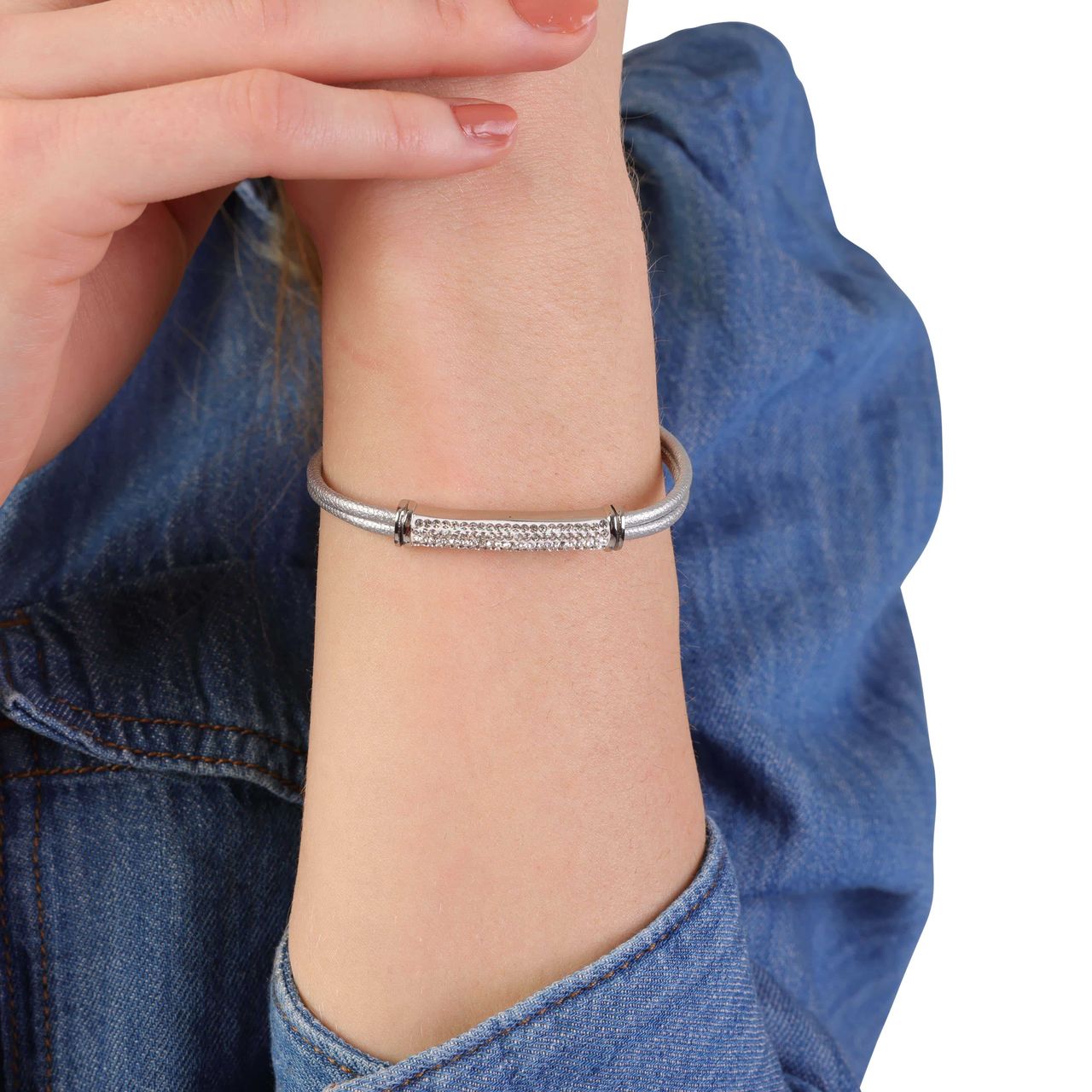 Gerecycleerd stainless steel armband leer zilverkleur met wit kristal