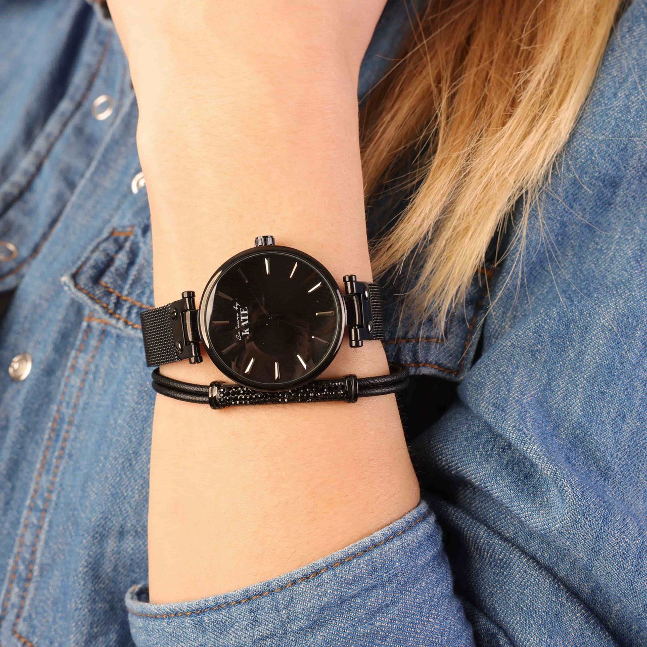 Gerecycled stainless steel set zwartkleurig met jet kristal