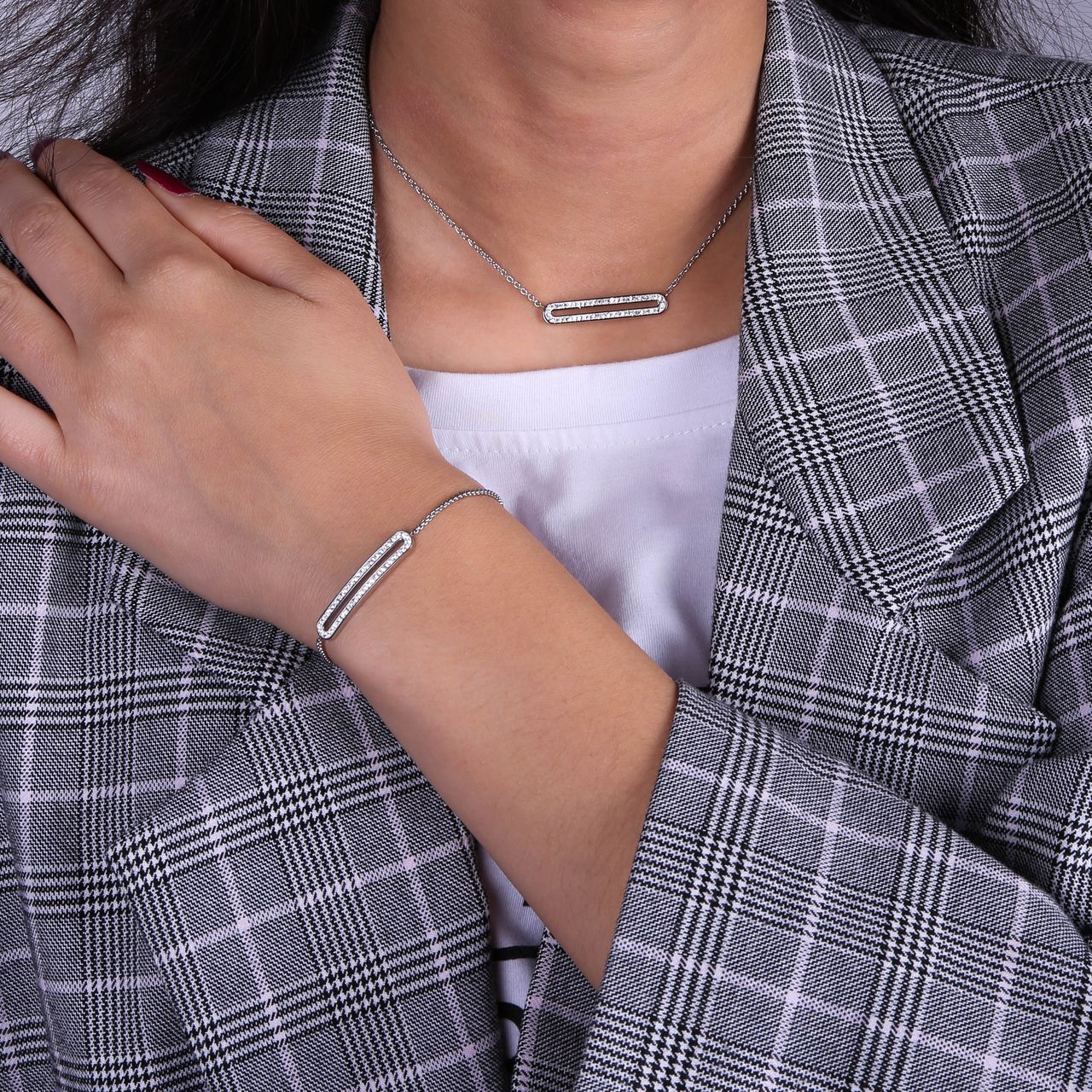 Gerecycleerd stainless steel ketting open bar met kristal