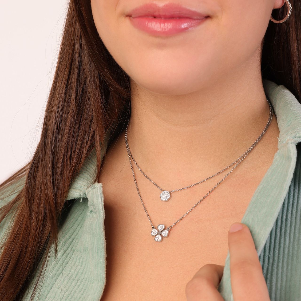 Sweet to send gerecycled stainless steel ketting hexagon met kristal voor dames
