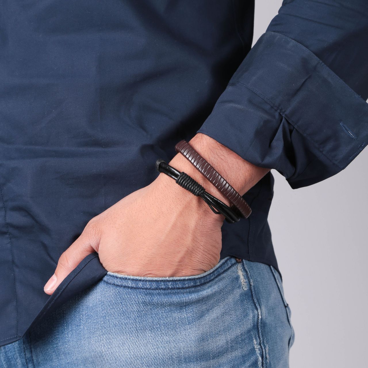 Byoux leren heren armbandenset zwart