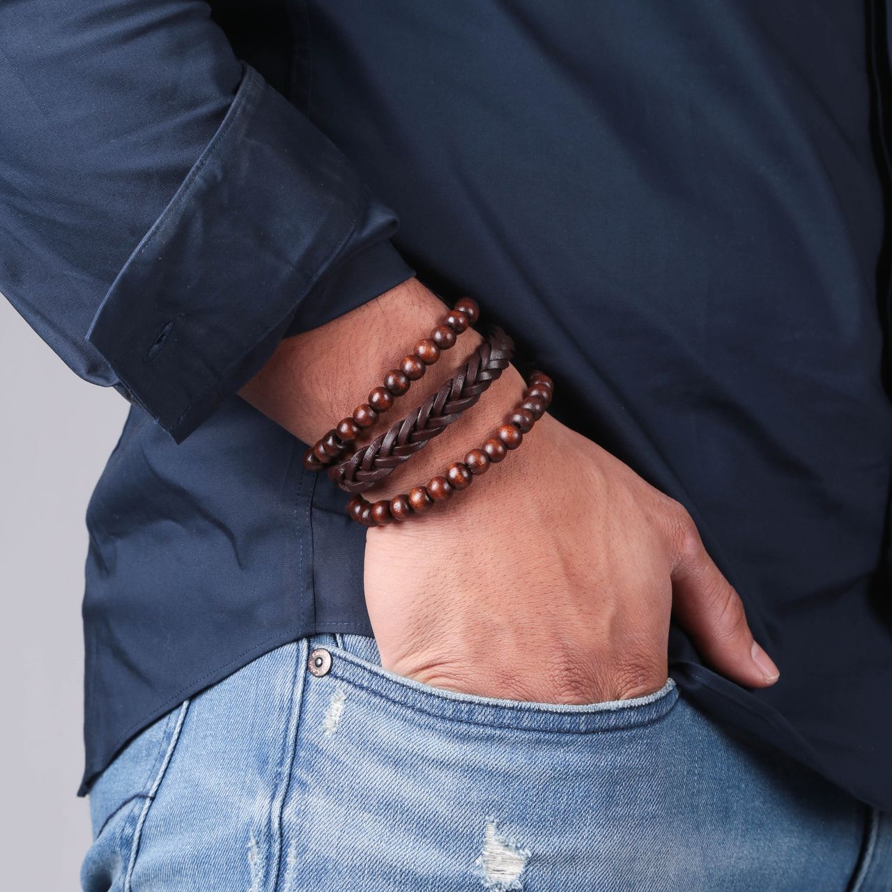 Byoux leren heren armbandenset bruin