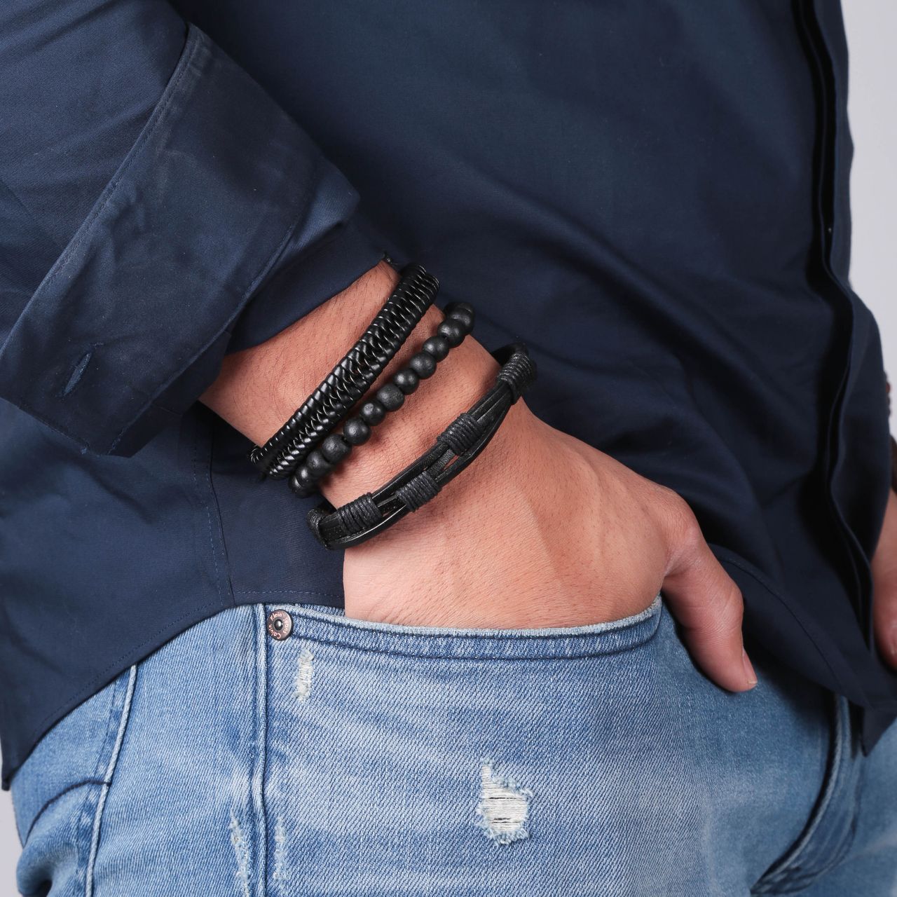 Byoux leren heren armbandenset zwart