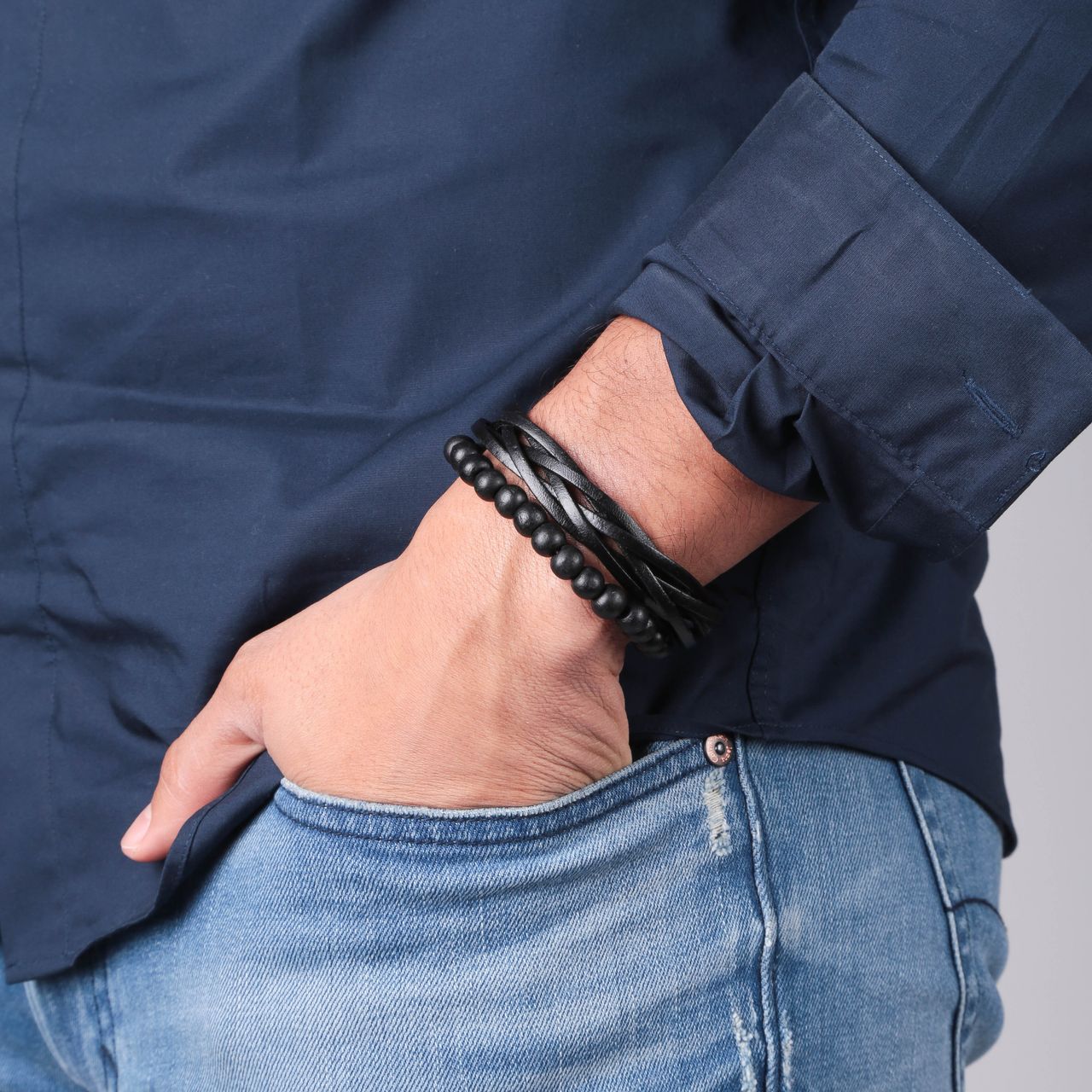 Byoux leren heren armbandenset zwart