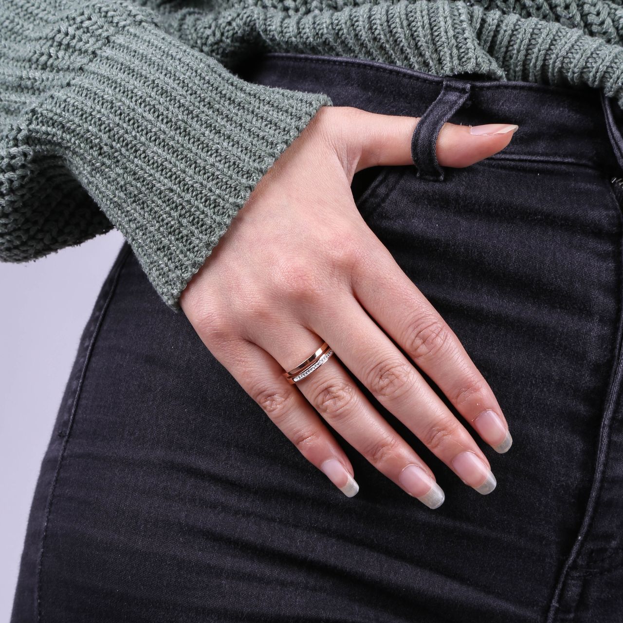 Gerecycleerd stainless steel ring roseplated 2rij met kristal