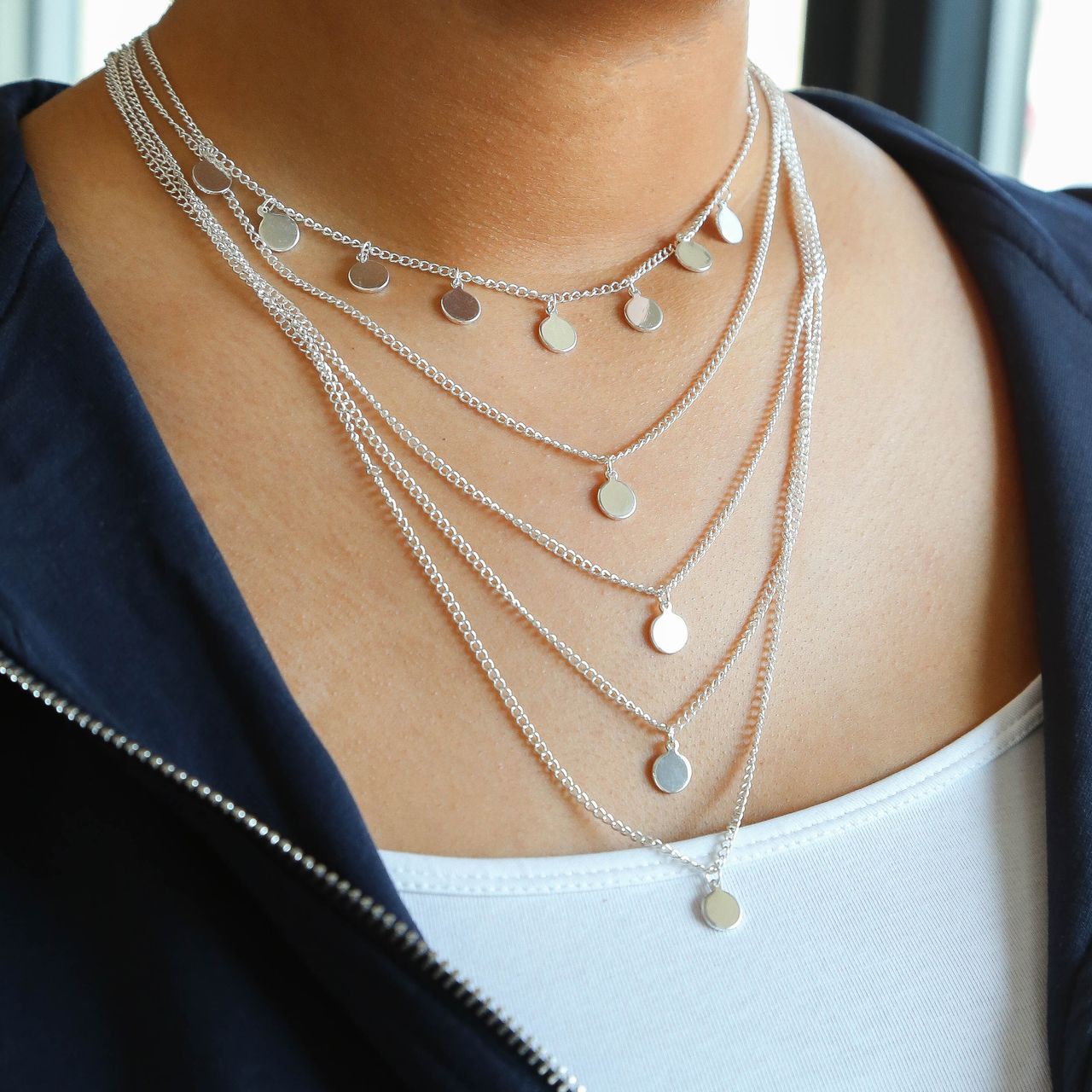 Zilverkleurige byoux ketting multi met muntjes
