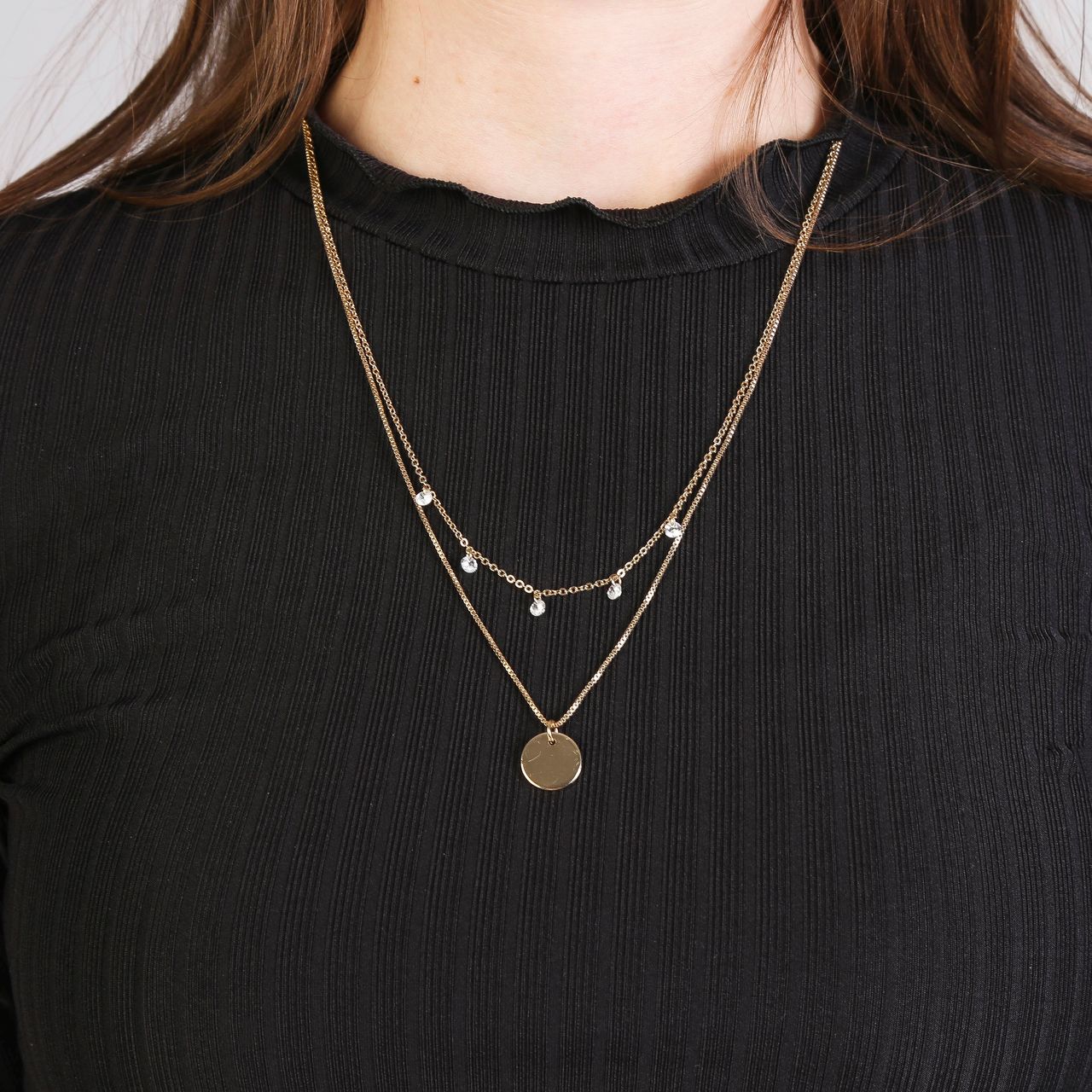 Bijoux goudkleurige ketting met hanger munt met zirkonia voor dames