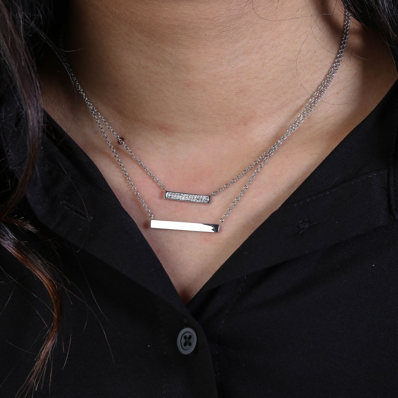 Stalen ketting layering bar met kristal