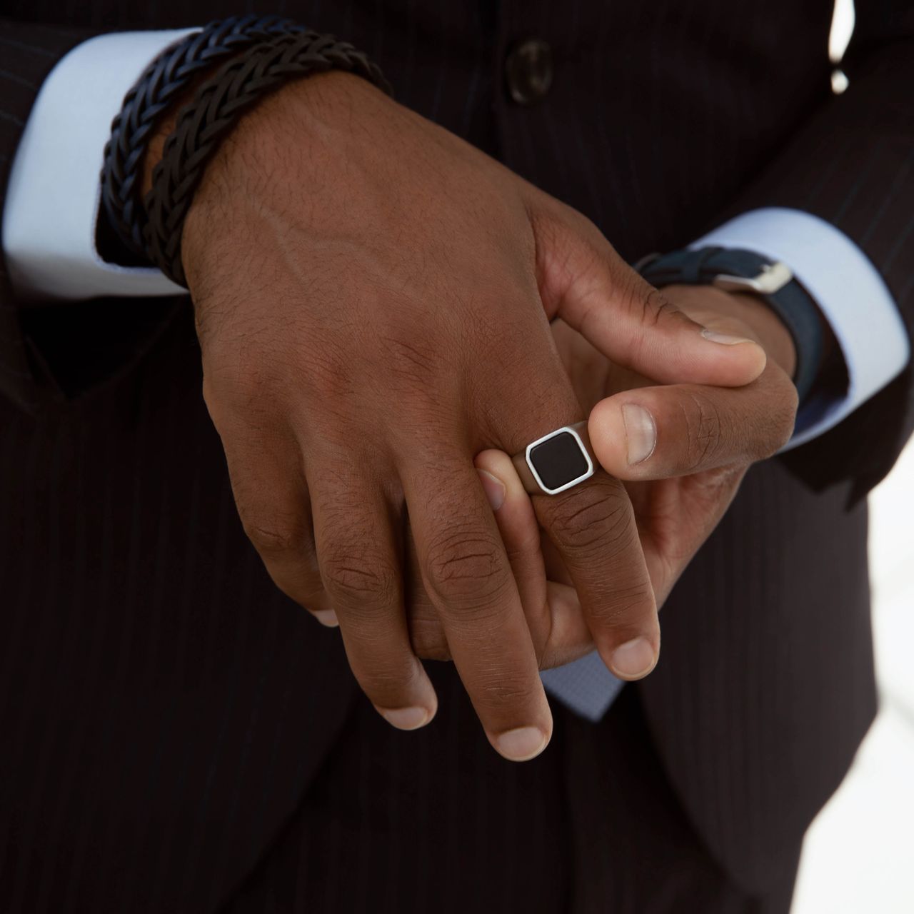 Gerecycled stainless steel heren zegelring met black agate