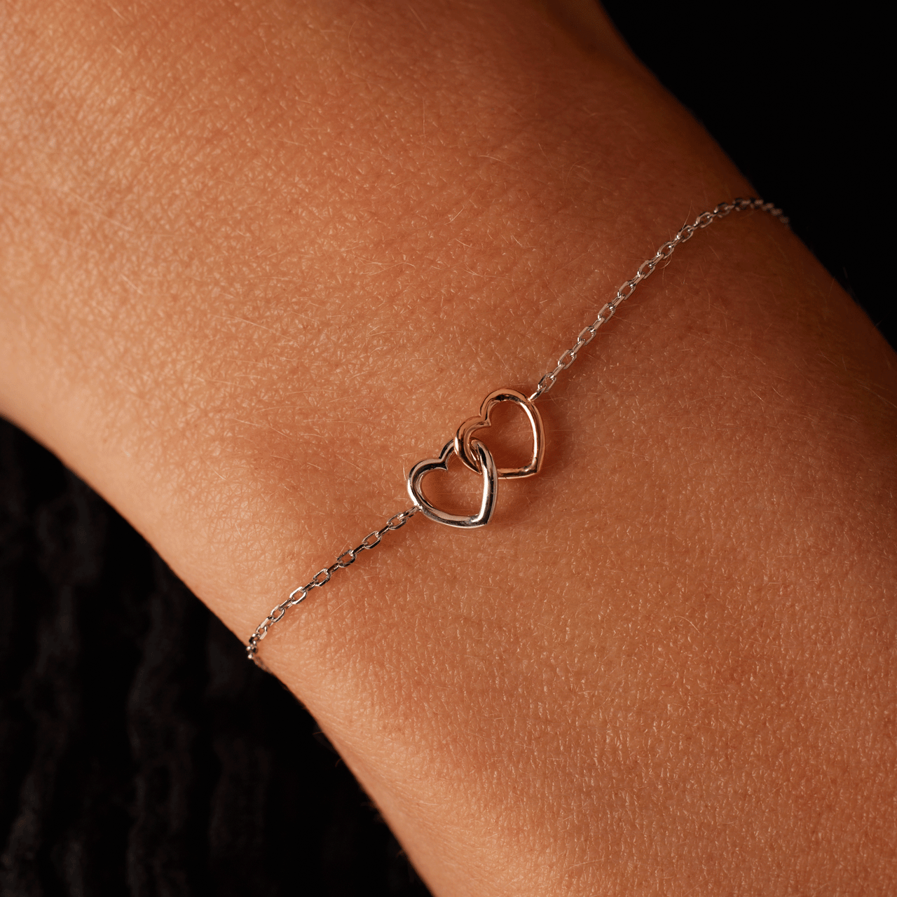 Silberarmband, 2 Herzen, silber/rosé
