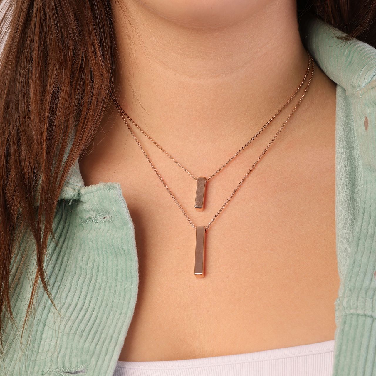 Stalen roséplated ketting met hanger bar voor dames