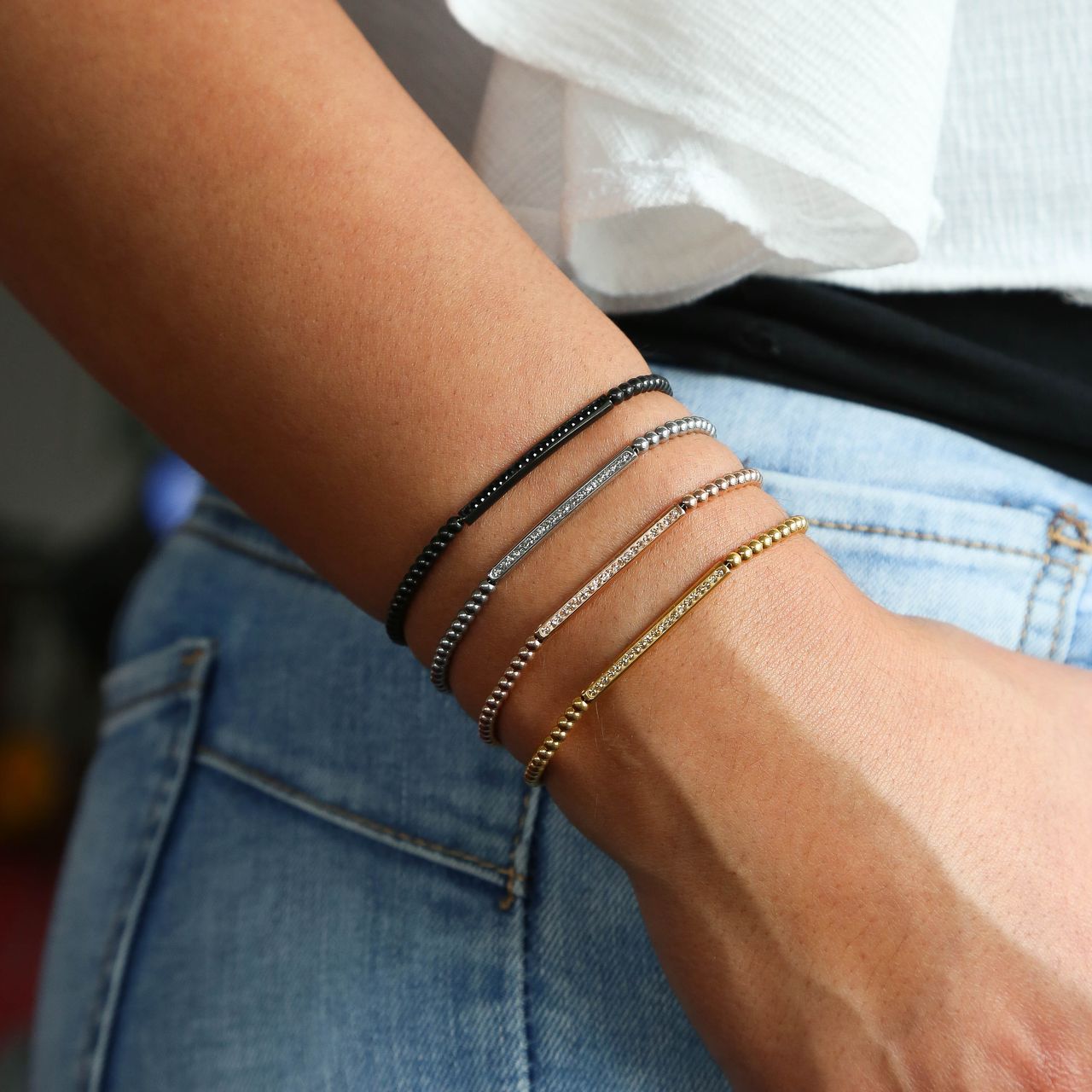 Gerecycleerd stalen armband bol/bar black diamond kristal