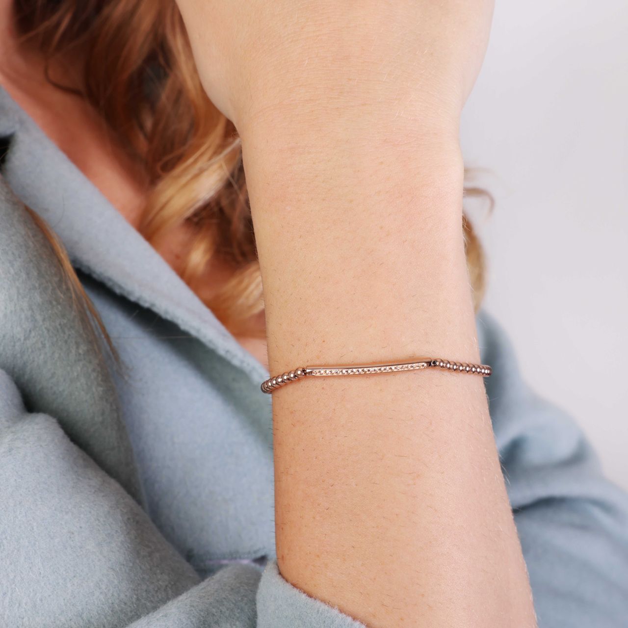 Armband aus Edelstahl, rosé, Kugelkette/Steg, weißer Kristall