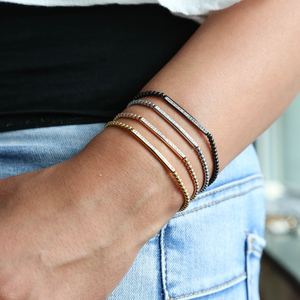 Armband aus Edelstahl, schwarz, Kugelkette/Steg, weißer Kristall