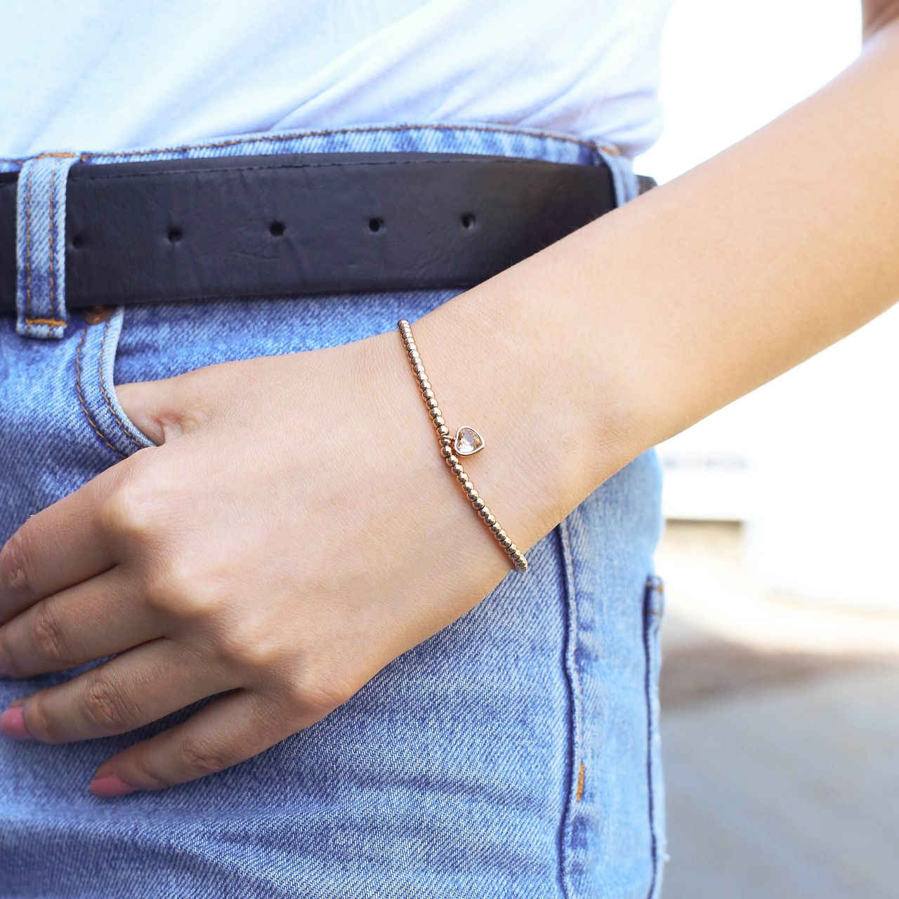 Armband aus Edelstahl, rosévergoldet, Kugelkette/Herz, pfirsichfarbener Kristall