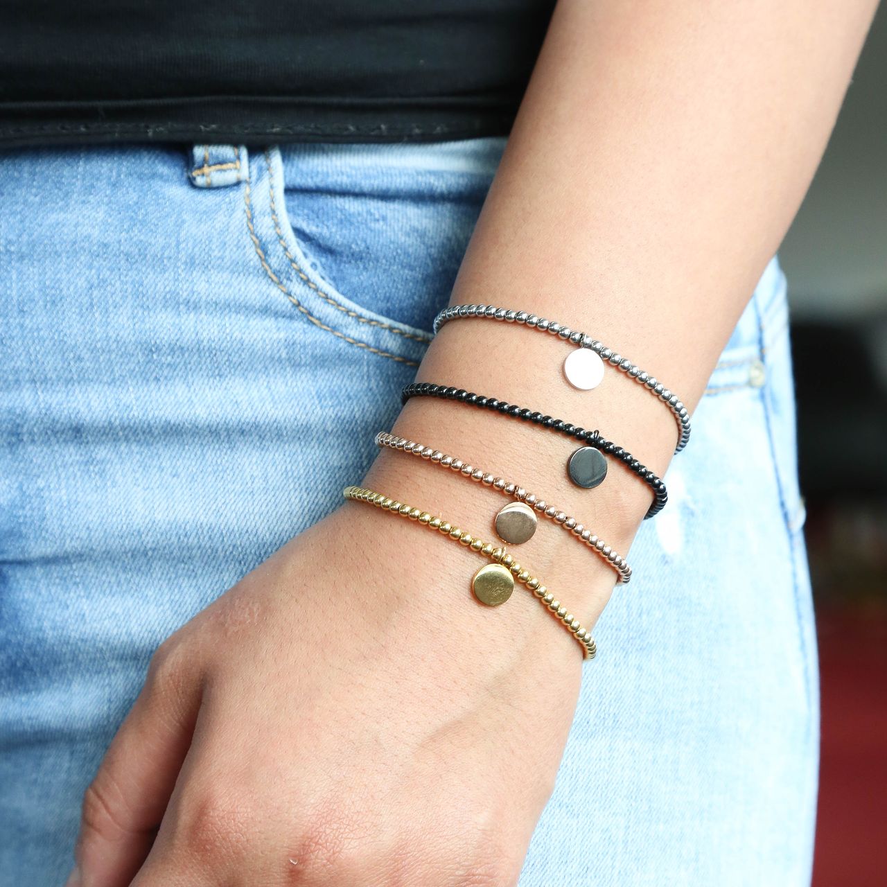Gerecycleerd stainless steel armband black bol/disc