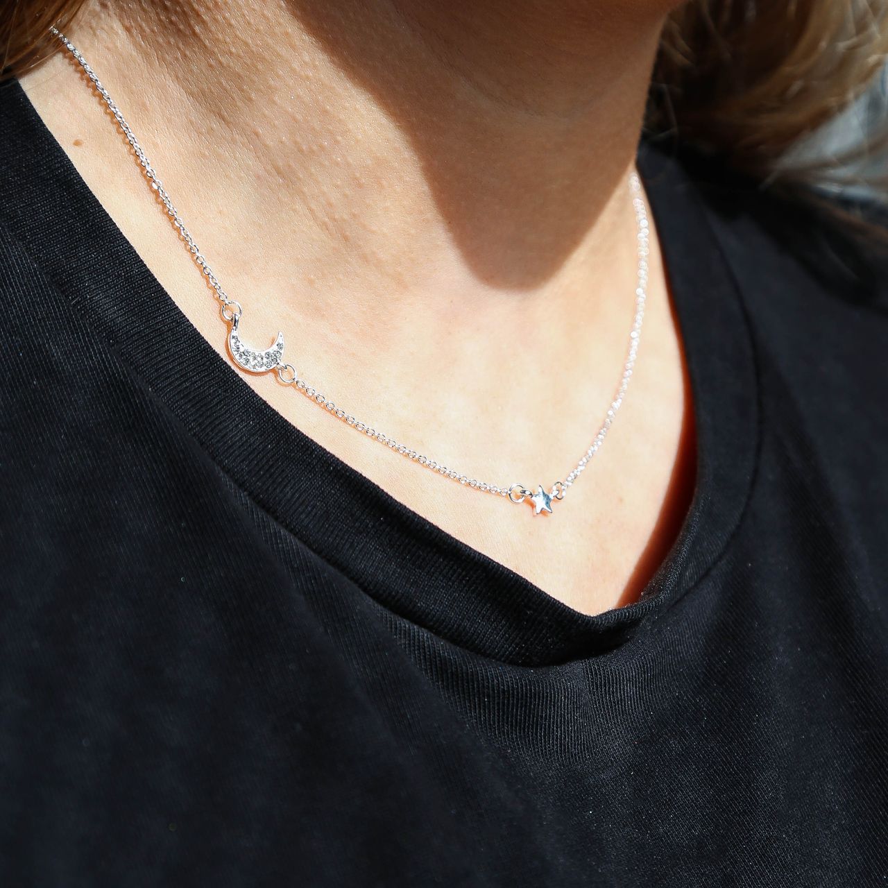 Bijoux zilverkleurige ketting met hanger maan en ster voor dames