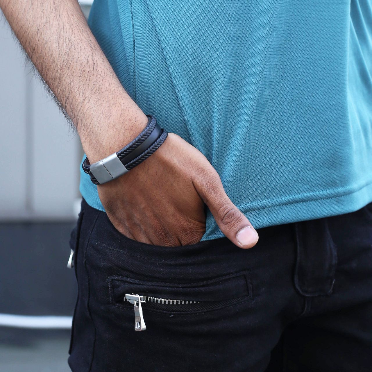 Gerecycled stalen armband zwart leer 2rijen gevlochten