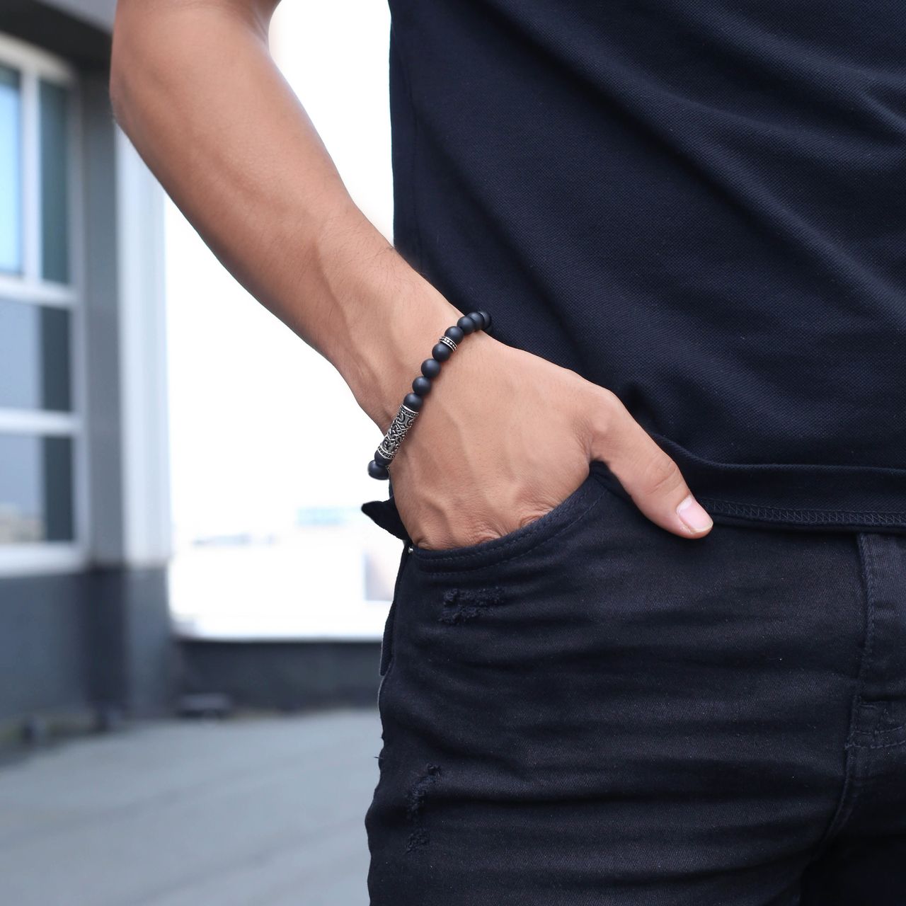 Gerecycleerd stainless steel armband black agate natuursteen zirkonia