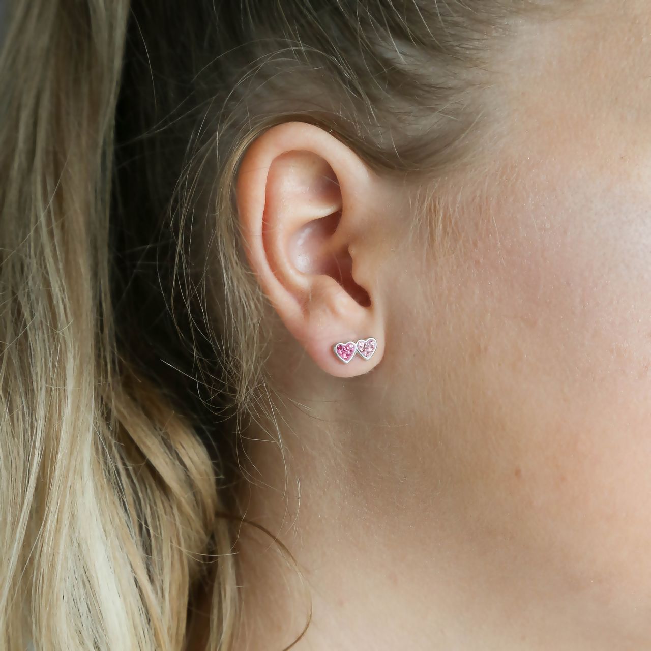 Kinderohrringe, 925 Silber, Herzen mit rosa Kristall